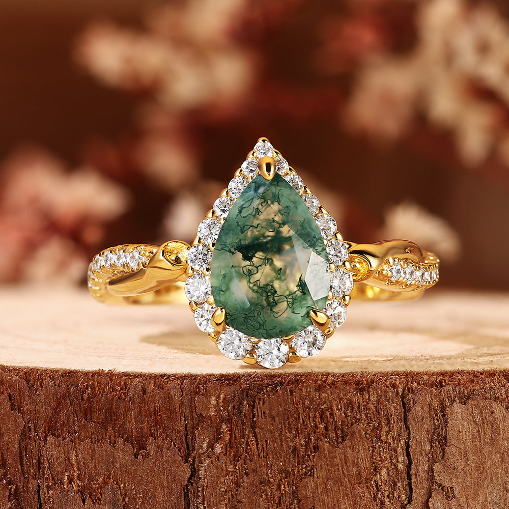 Vintage Natural Pear Cut Moss Agate Unique Halo Twisted Engagement Ring