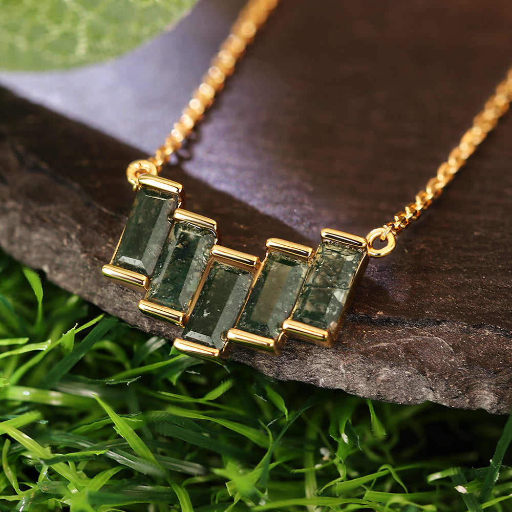Geometric Staggered 3x6mm Baguette Cut Natural Moss Agate Pendant Necklace