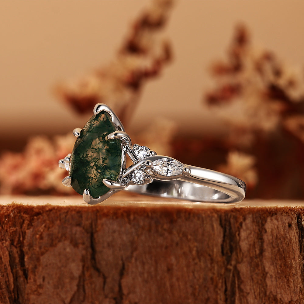 Pear Cut Moss Agate Nature Inspired Unique Teardrop Cluster Engagement Ring