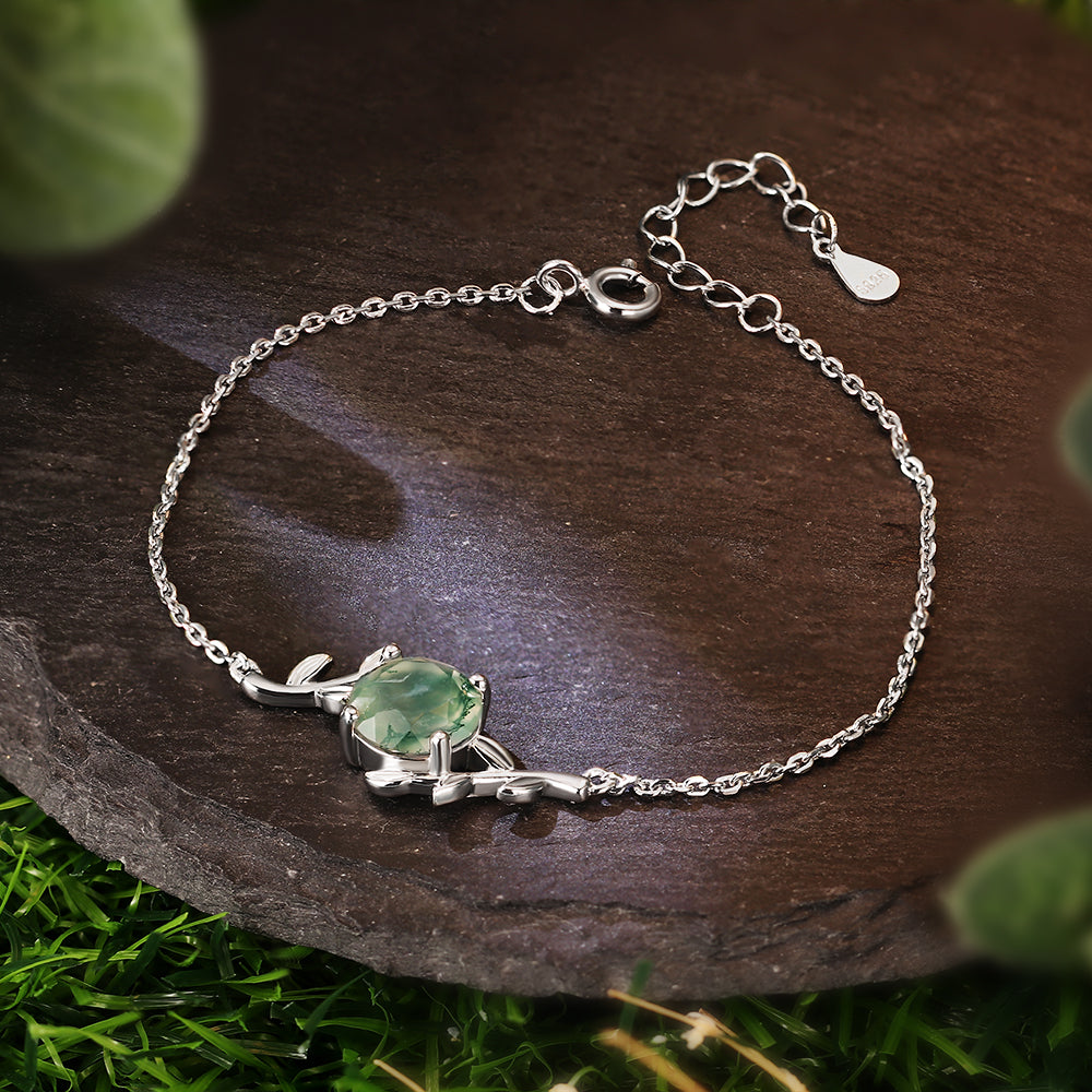Twig Wrapped 8mm Round Cut Natural Moss Agate Bracelet