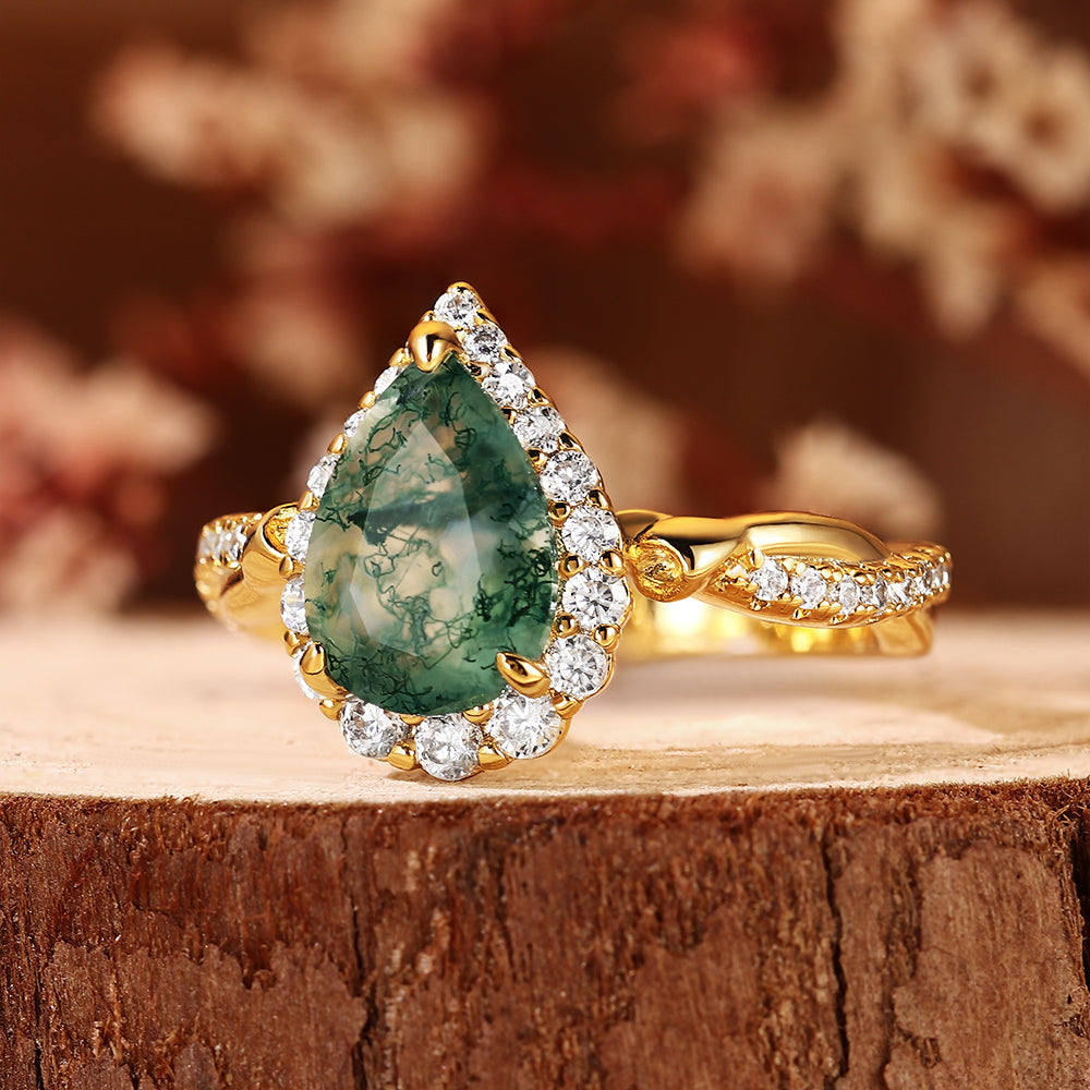 Vintage Natural Pear Cut Moss Agate Unique Halo Twisted Engagement Ring