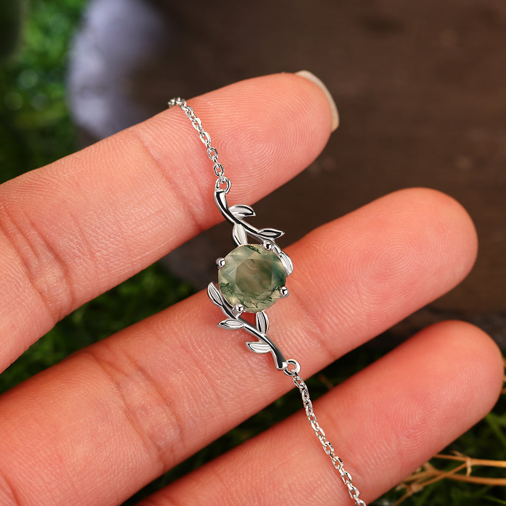 Twig Wrapped 8mm Round Cut Natural Moss Agate Bracelet