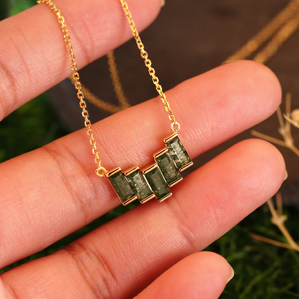 Geometric Staggered 3x6mm Baguette Cut Natural Moss Agate Pendant Necklace