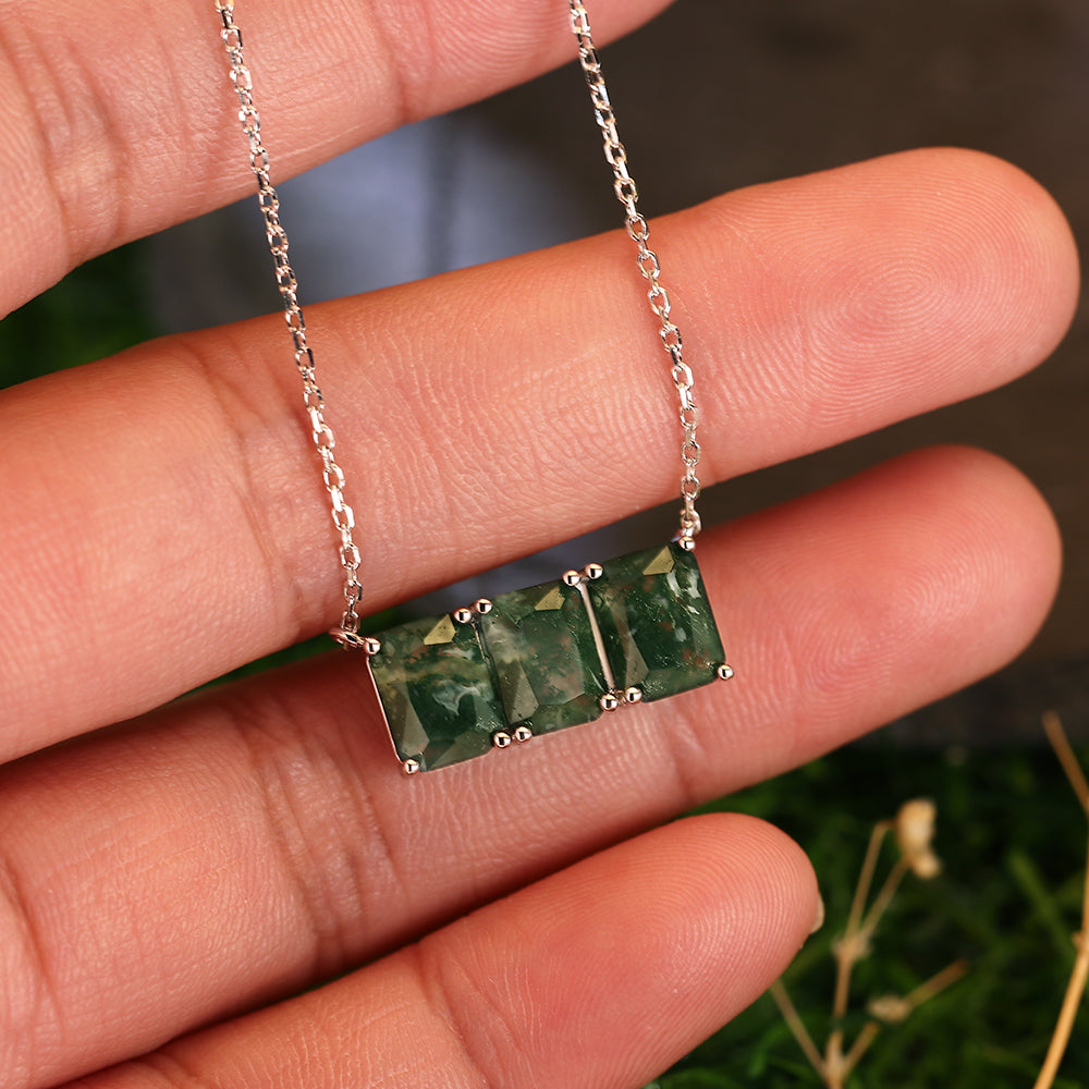Three-Stone 6x8mm Radiant Cut Natural Moss Agate Pendant Necklace