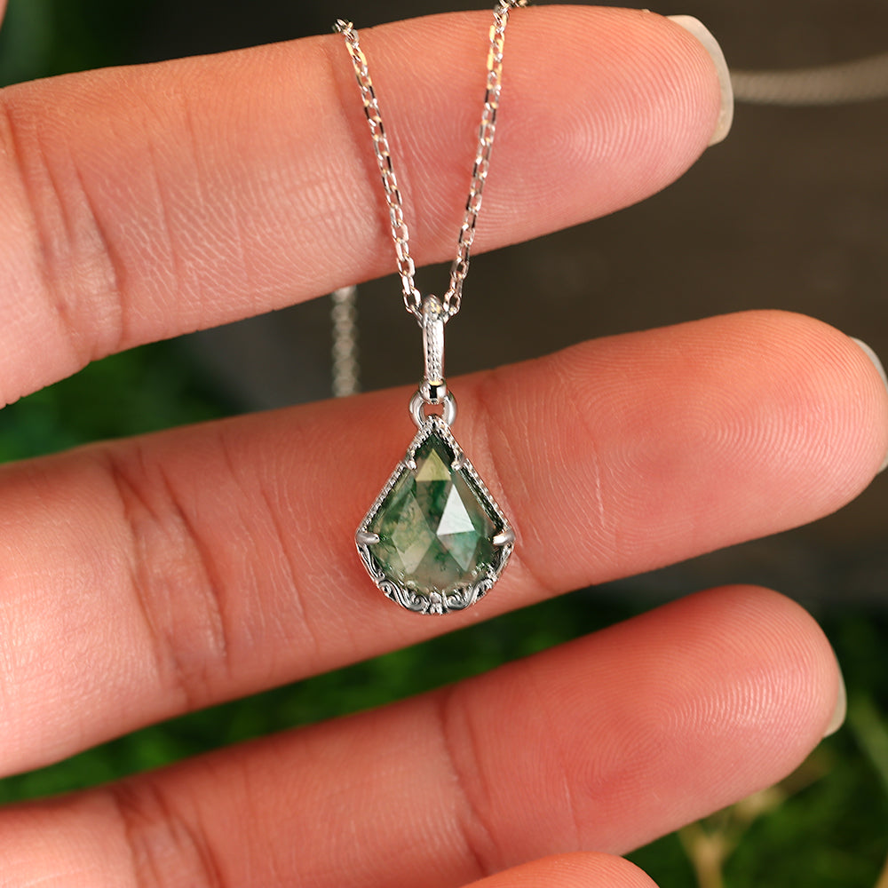 12x14mm Custom Fan-Shaped Cut Moss Agate Pendant Necklace