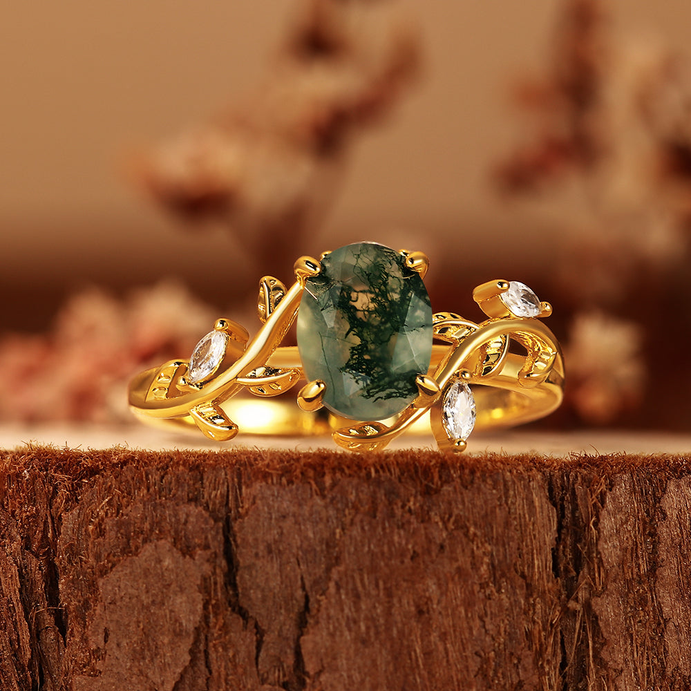 Oval Cut Moss Agate Nature Inspired Leaf Vine Twig Engagement Ring