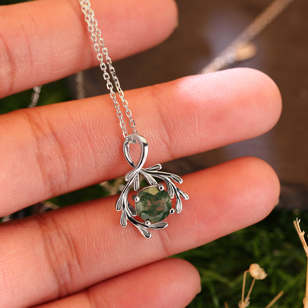 Twig Wrapped 8mm Round Cut Natural Moss Agate Pendant Necklace