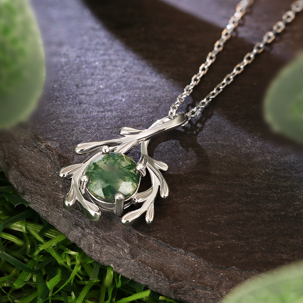 Twig Wrapped 8mm Round Cut Natural Moss Agate Pendant Necklace
