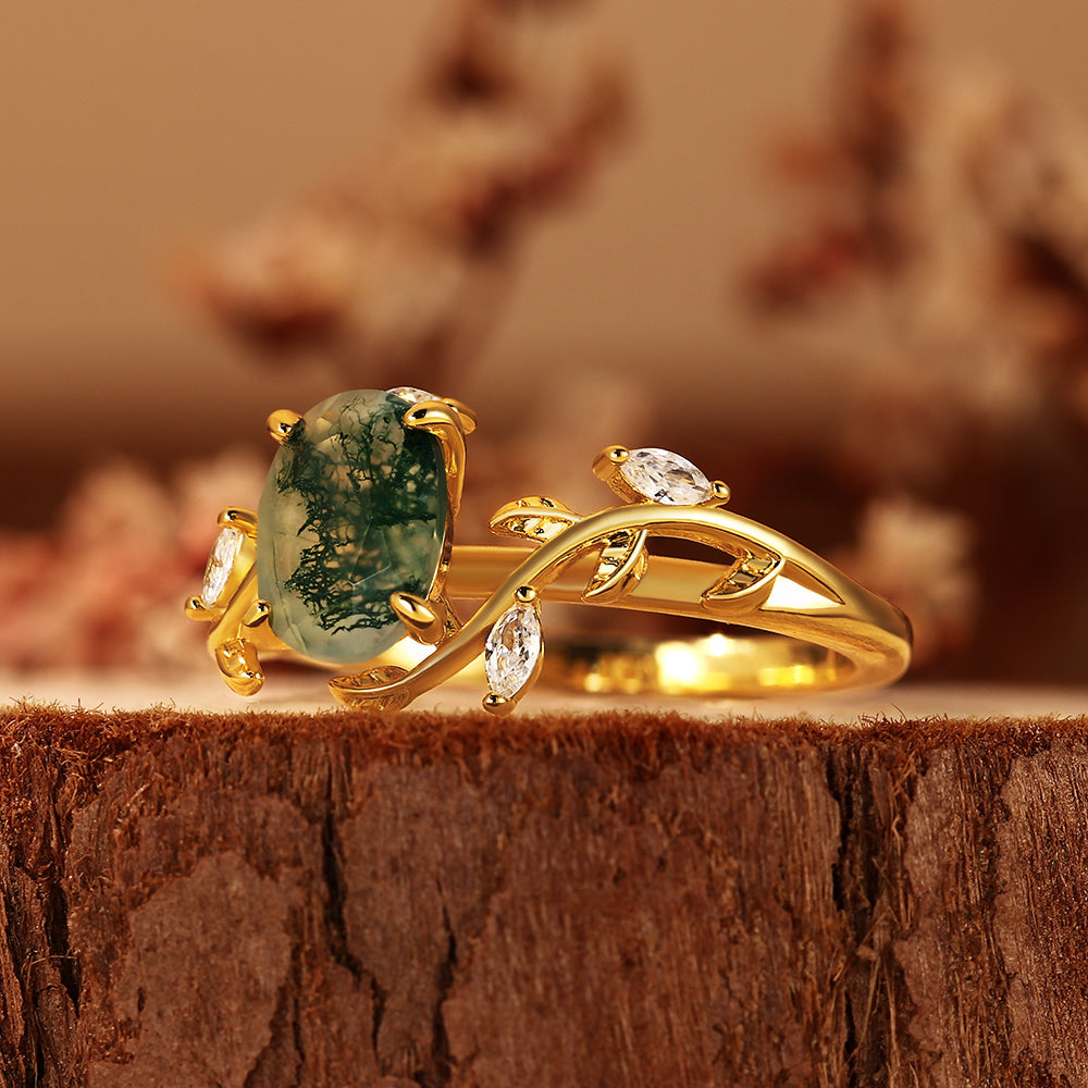 Oval Cut Moss Agate Nature Inspired Leaf Vine Twig Engagement Ring