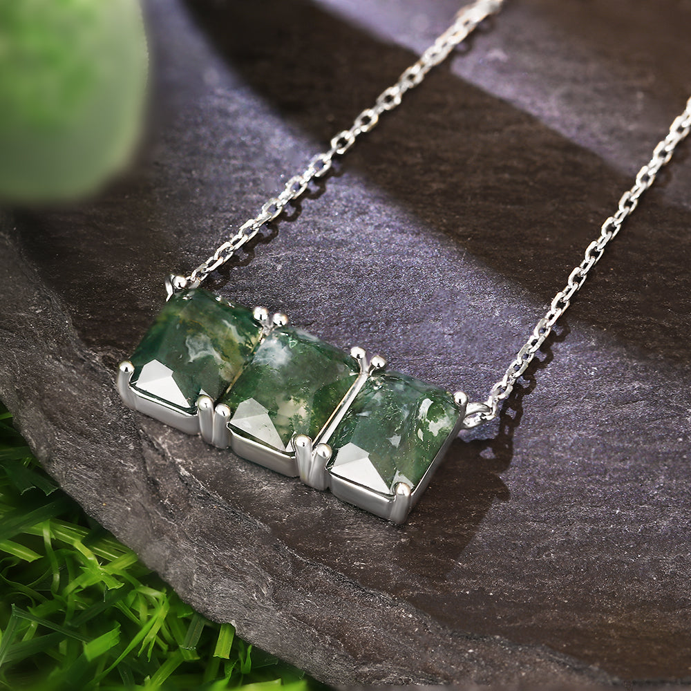 Three-Stone 6x8mm Radiant Cut Natural Moss Agate Pendant Necklace