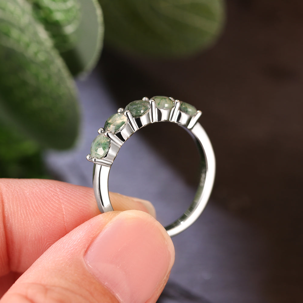 5mm Round Cut Moss Agate Half Eternity Minimalist Engagement Ring