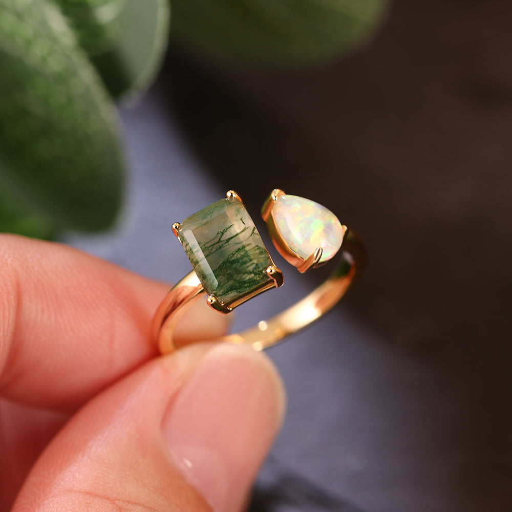 7x9mm Emerald Cut Moss Agate & 6x8mm Pear Cut Opal Toi Et Moi Vintage Engagement Ring