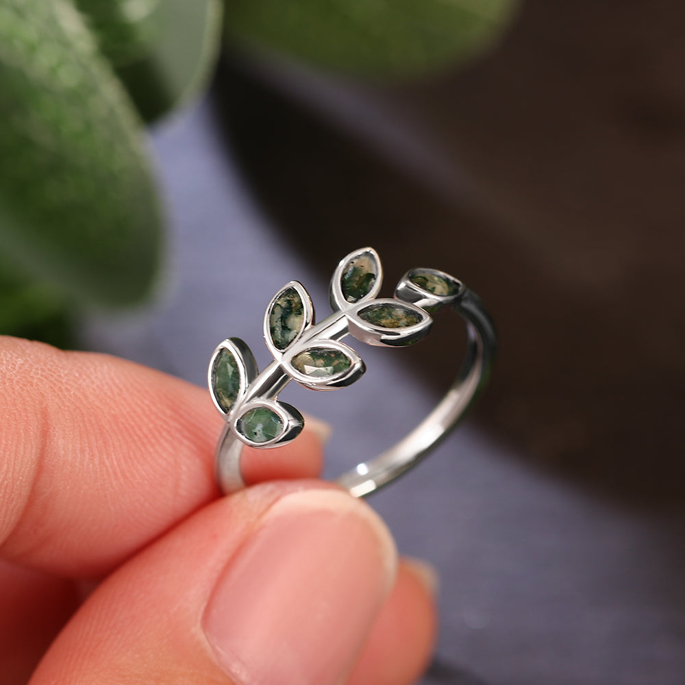 2x4mm Marquise Cut Moss Agate Leaf Vine Silver Nature Inspired Engagement Ring