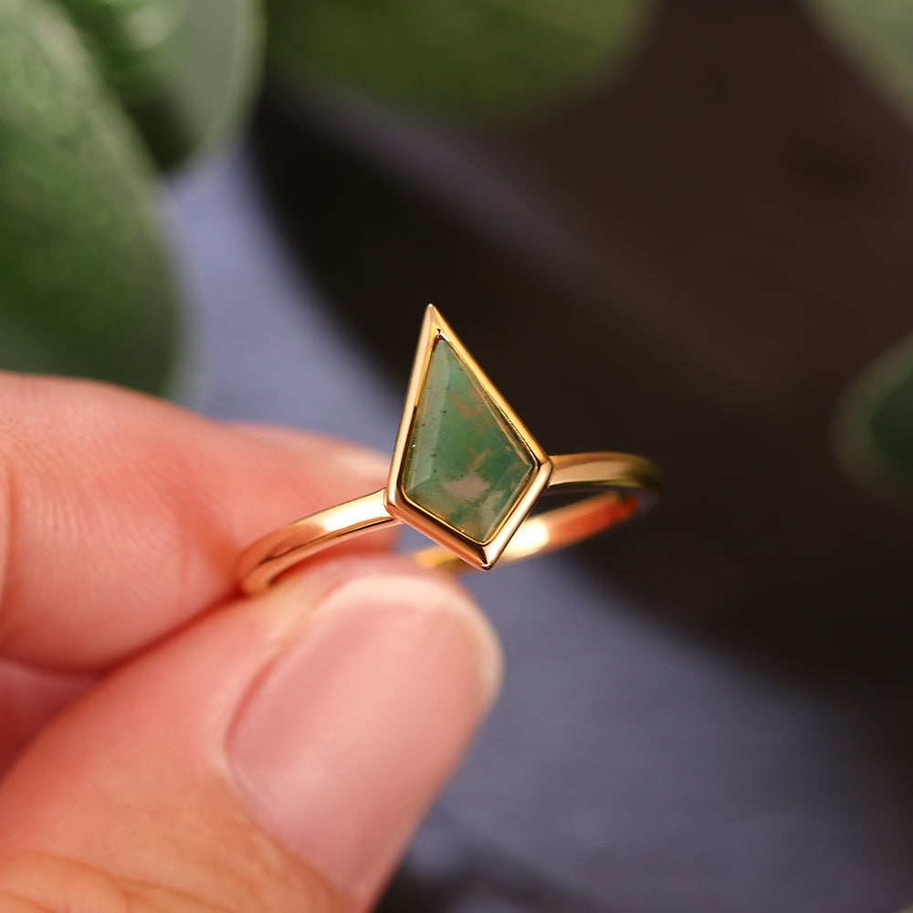 6x9mm Kite Cut Moss Agate Geometric Minimalist Engagement Ring