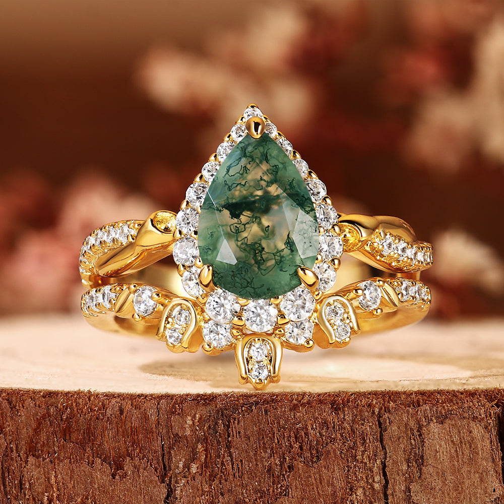 Vintage Pear Cut Moss Agate Unique Nature Inspired Halo Bridal Ring Set
