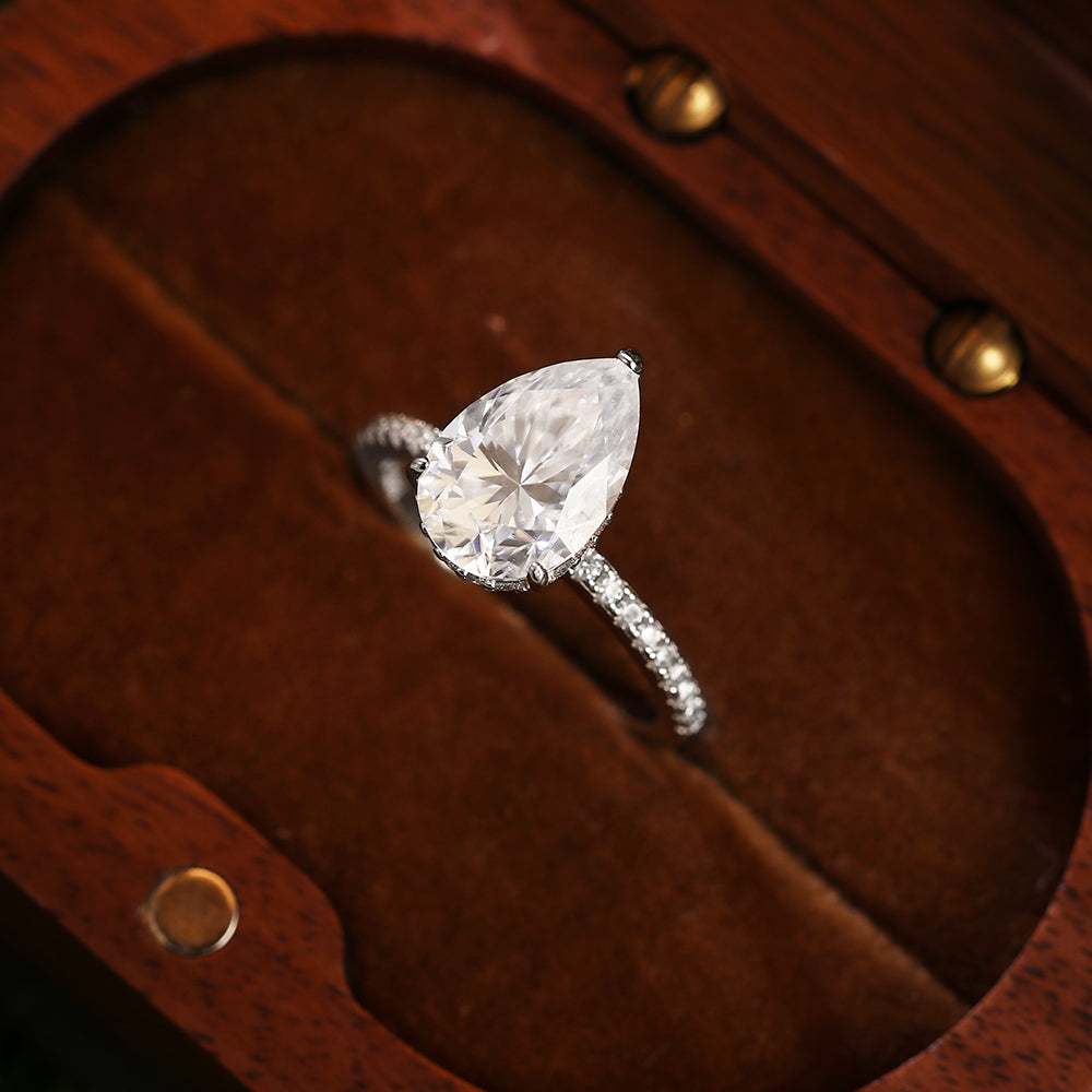 2.51 Ct Pear Cut Hidden Halo Engagement Ring with Pave Band