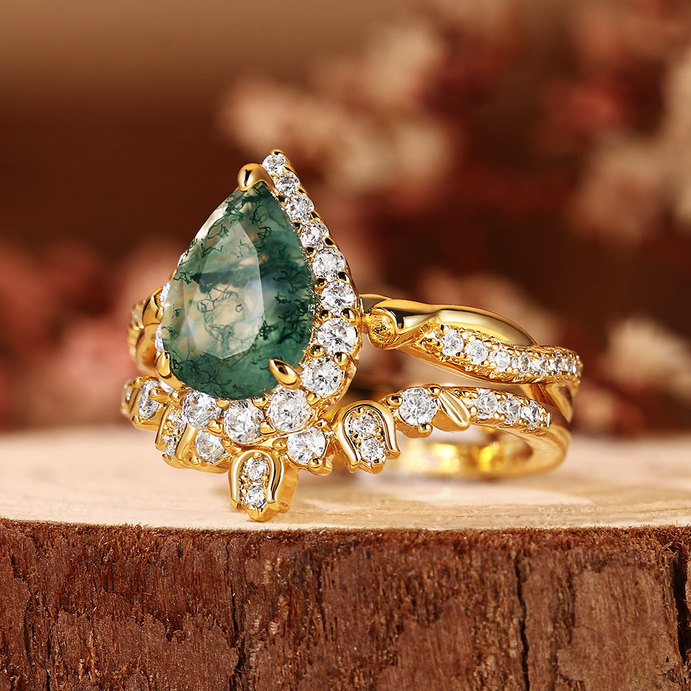 Vintage Pear Cut Moss Agate Unique Nature Inspired Halo Bridal Ring Set