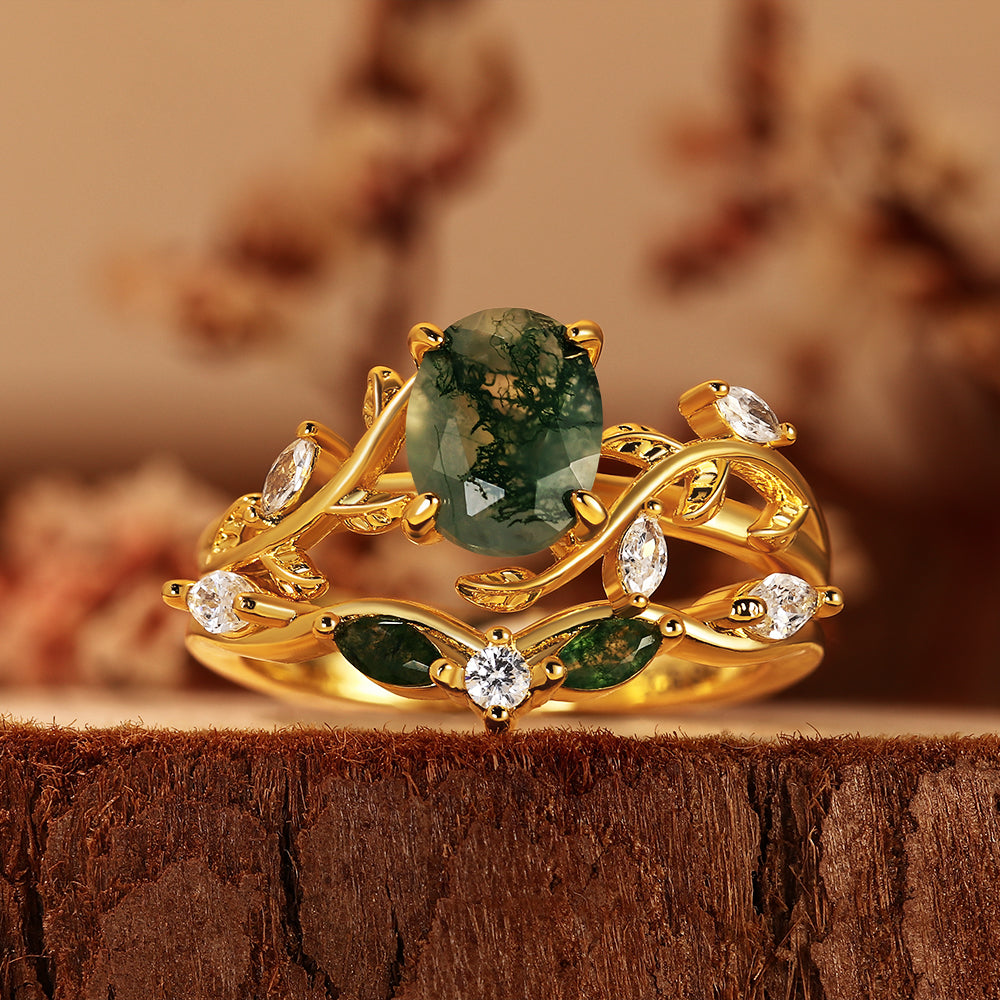Vintage Oval Moss Agate Ring Set Nature Inspired Leaf Twig Engagement Ring Stacking Wedding Bridal Set