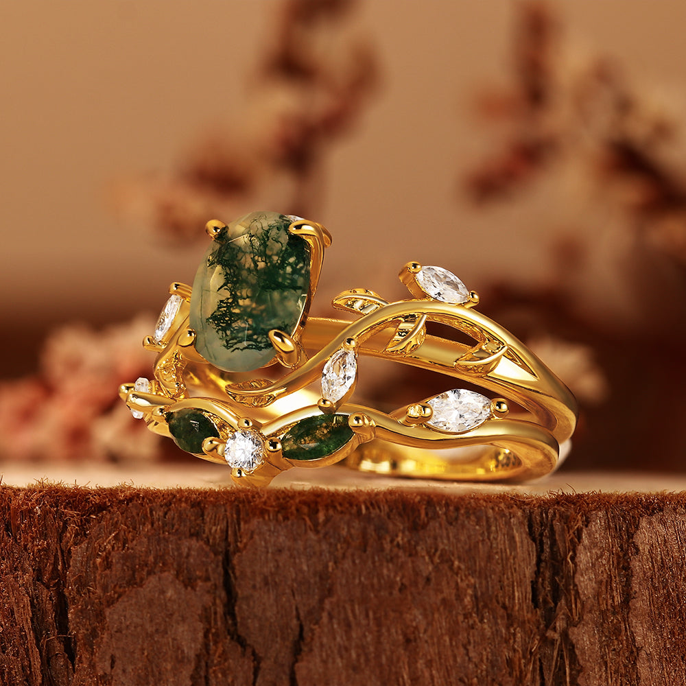 Vintage Oval Moss Agate Ring Set Nature Inspired Leaf Twig Engagement Ring Stacking Wedding Bridal Set