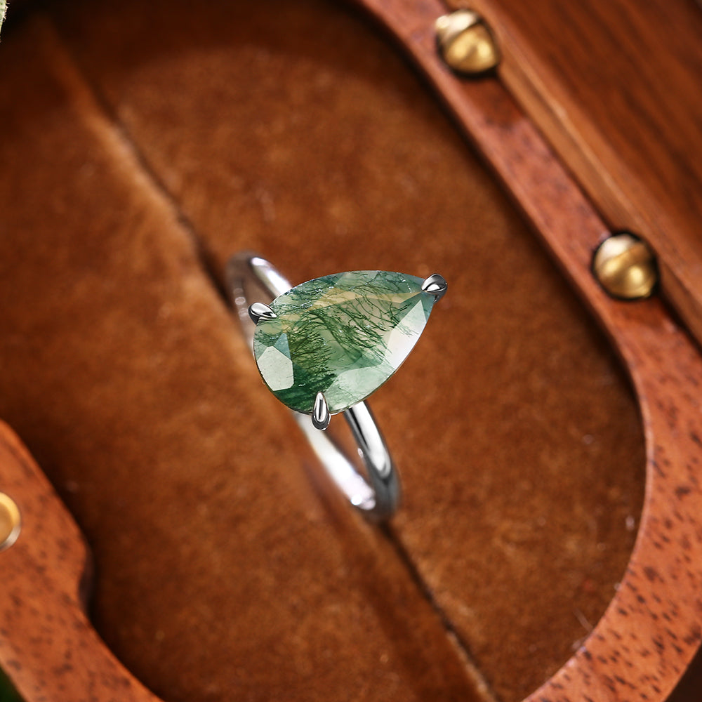 8x12mm Pear Cut Moss Agate Solitaire Minimalist Nature-Inspired Engagement Ring