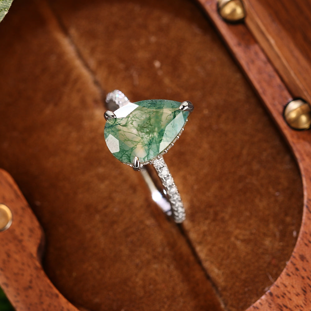 8x12mm Pear Cut Moss Agate Hidden Halo Nature-Inspired Engagement Ring with Pave Band