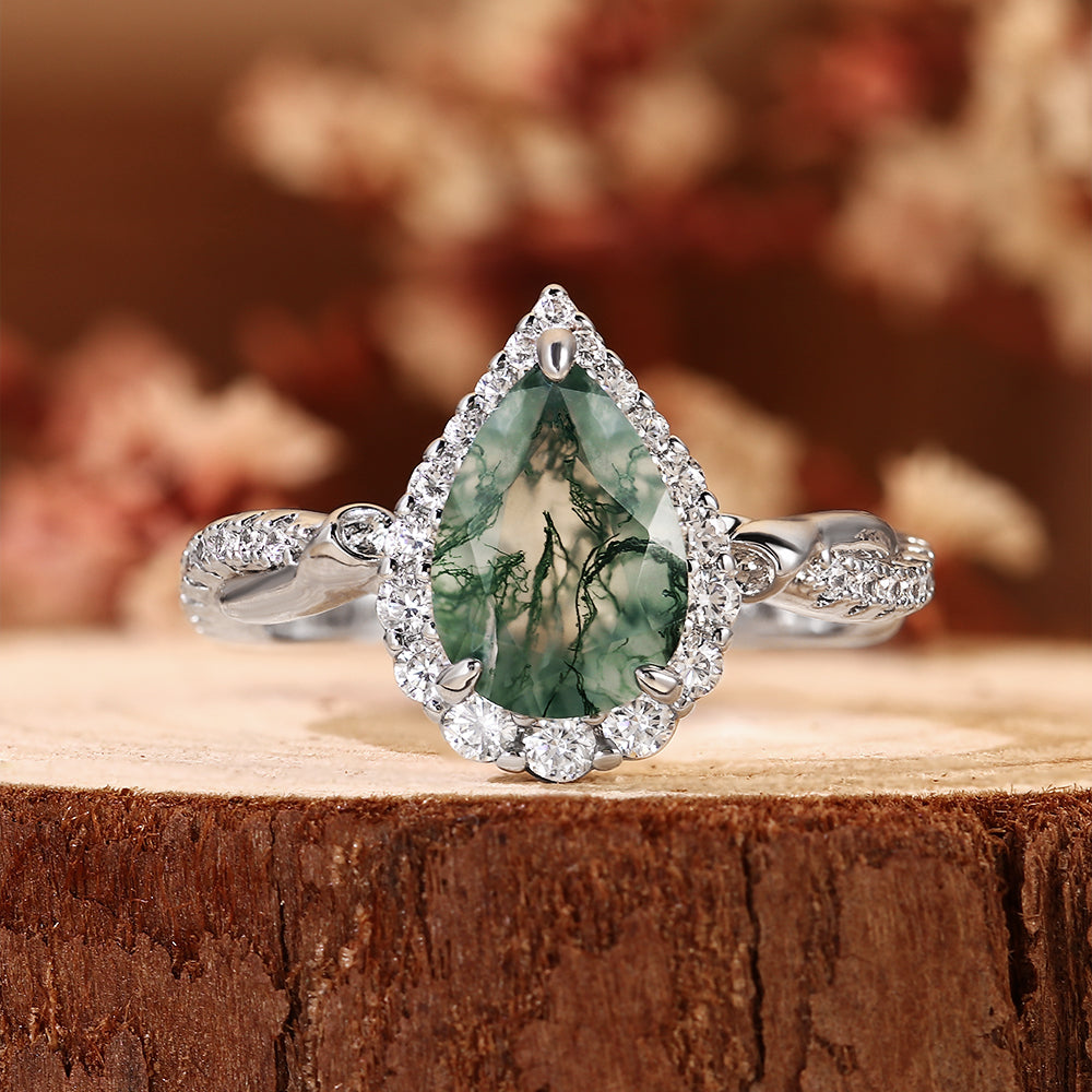 Vintage Natural Pear Cut Moss Agate Unique Halo Twisted Engagement Ring
