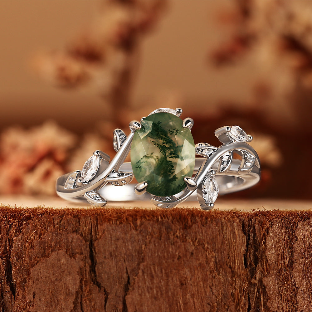 Oval Cut Moss Agate Nature Inspired Leaf Vine Twig Engagement Ring