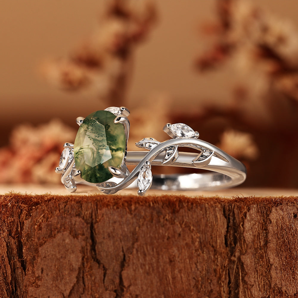 Oval Cut Moss Agate Nature Inspired Leaf Vine Twig Engagement Ring