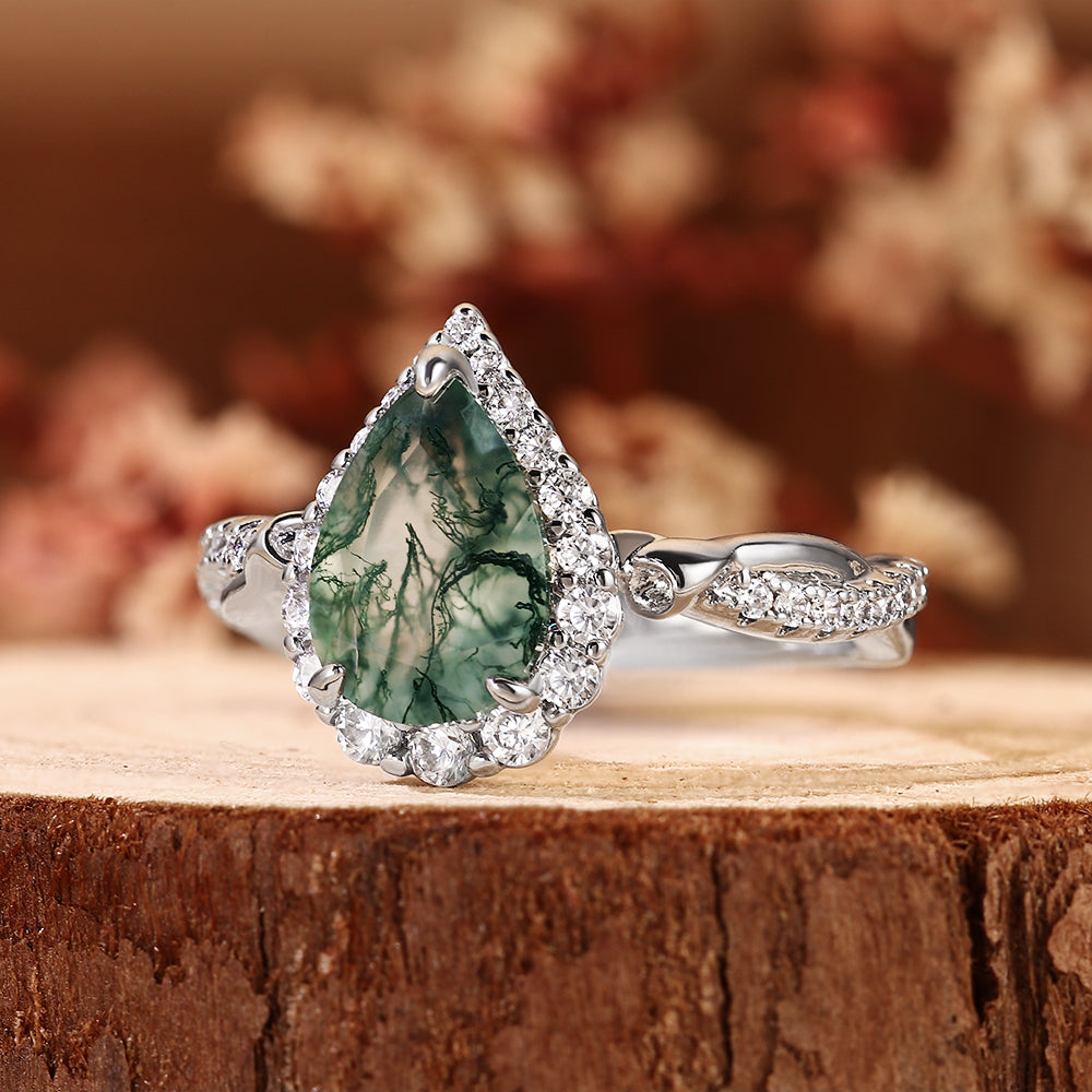 Vintage Natural Pear Cut Moss Agate Unique Halo Twisted Engagement Ring