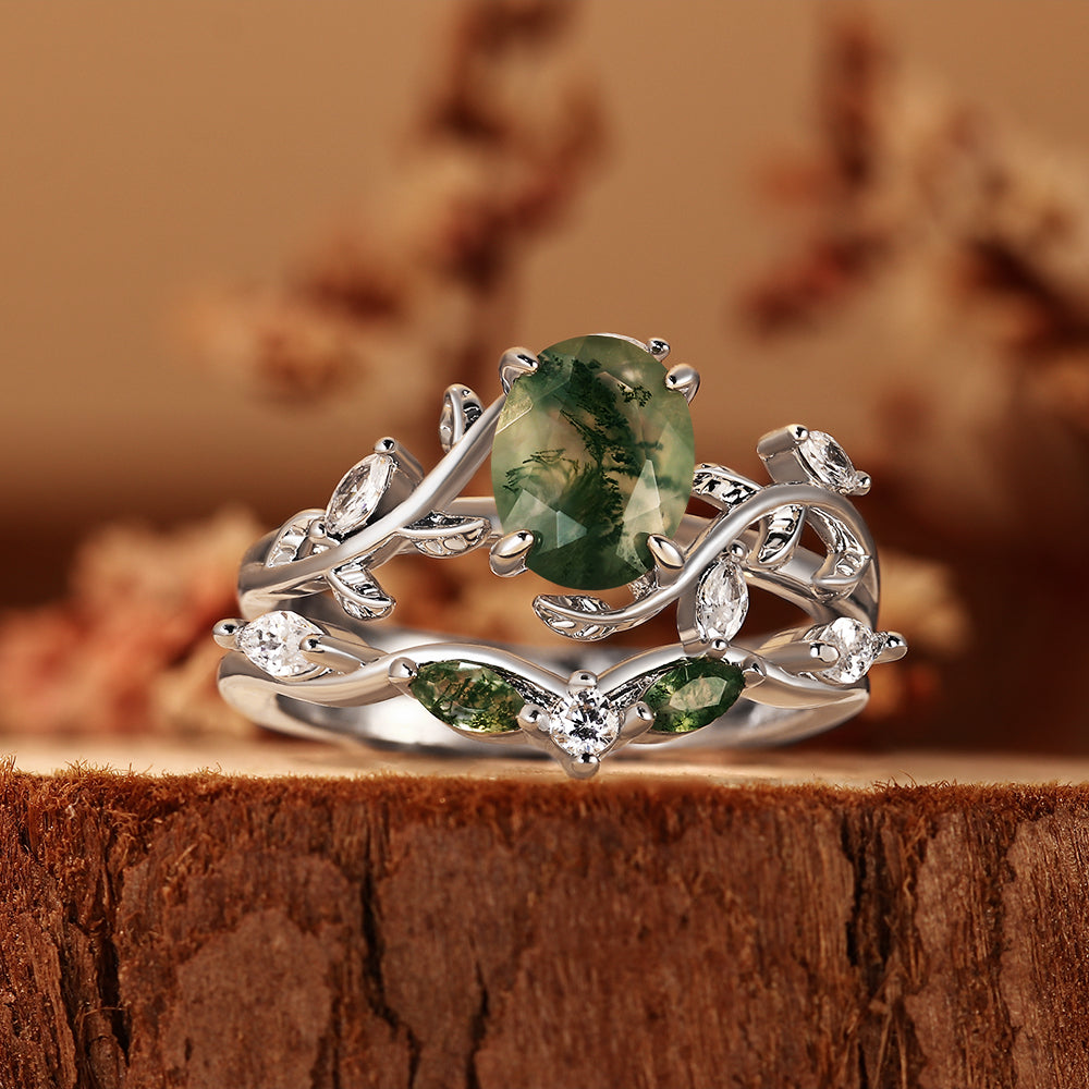 Vintage Oval Moss Agate Ring Set Nature Inspired Leaf Twig Engagement Ring Stacking Wedding Bridal Set