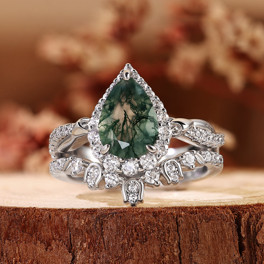 Vintage Pear Cut Moss Agate Unique Nature Inspired Halo Bridal Ring Set