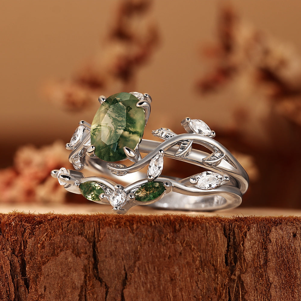 Vintage Oval Moss Agate Ring Set Nature Inspired Leaf Twig Engagement Ring Stacking Wedding Bridal Set