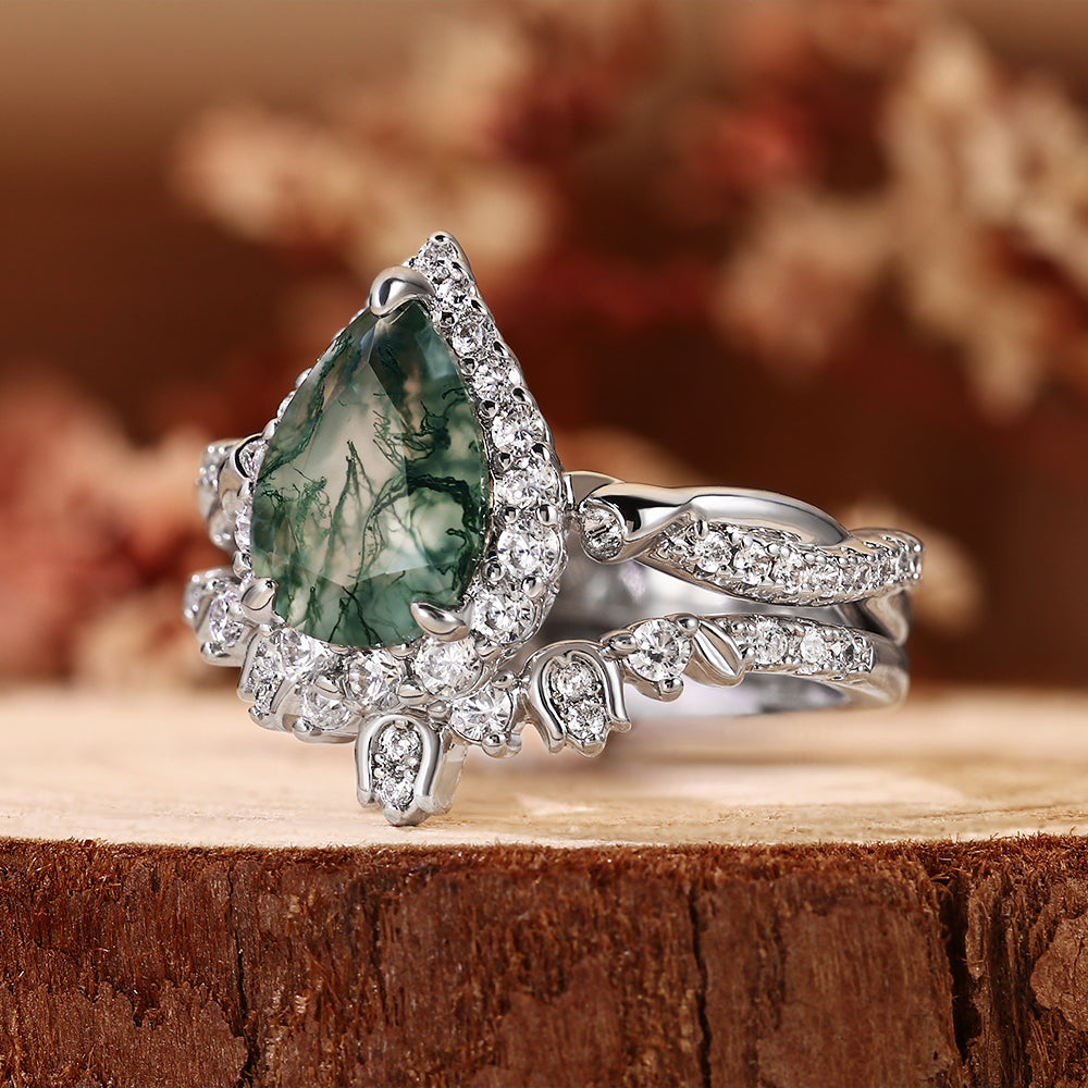 Vintage Pear Cut Moss Agate Unique Nature Inspired Halo Bridal Ring Set