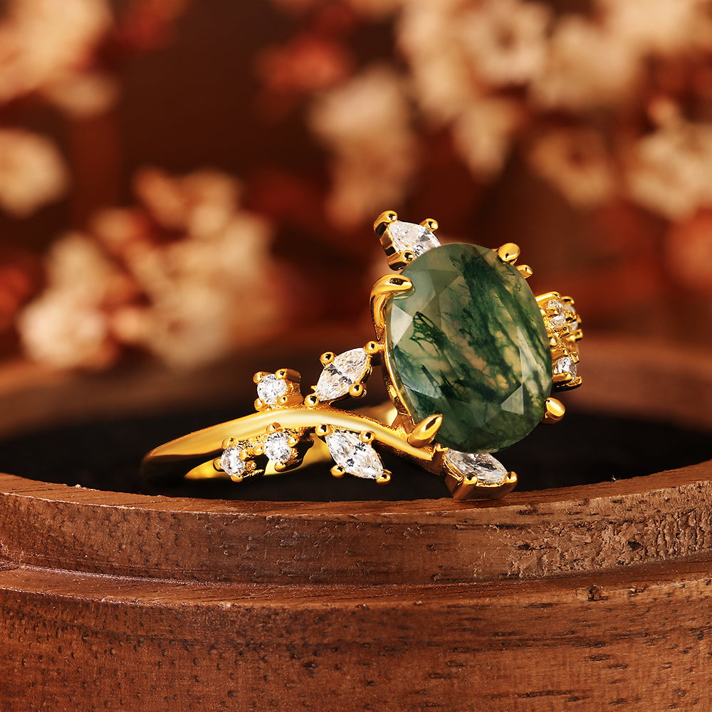 Vintage Oval Moss Agate Engagement Ring Nature Inspired Vine Cluster Ring
