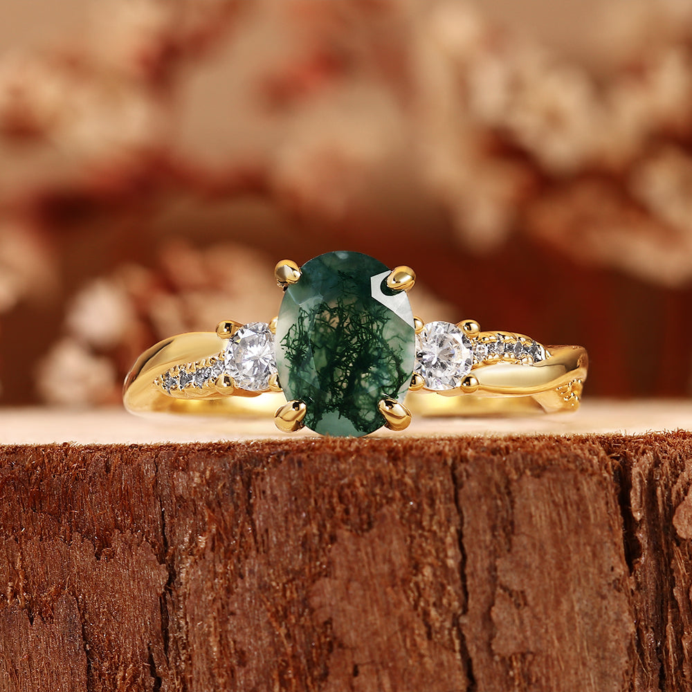 Nature Inspired Oval Cut Moss Agate Three Stone Vintage Twist Engagement Ring