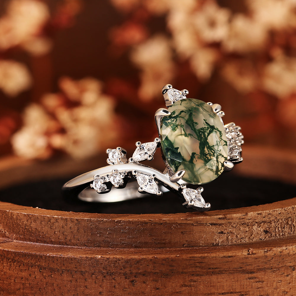 Vintage Oval Moss Agate Engagement Ring Nature Inspired Vine Cluster Ring