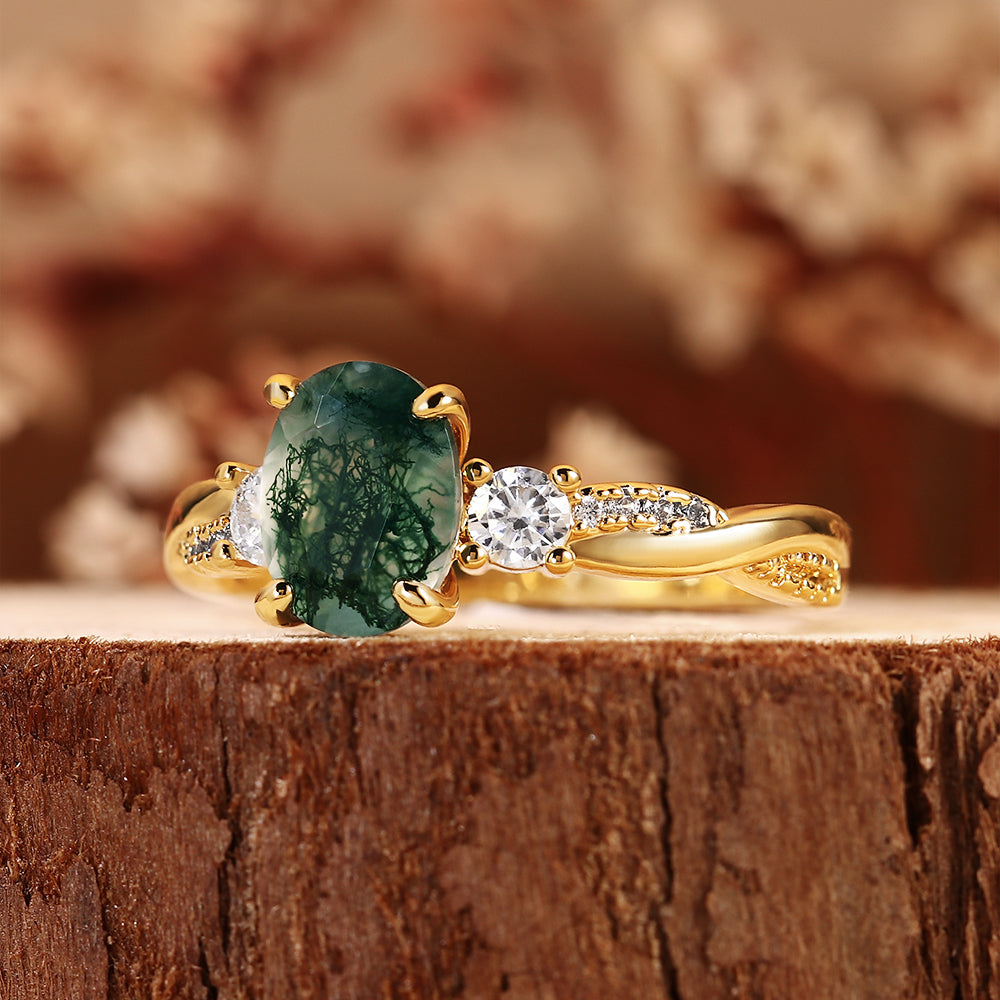Nature Inspired Oval Cut Moss Agate Three Stone Vintage Twist Engagement Ring
