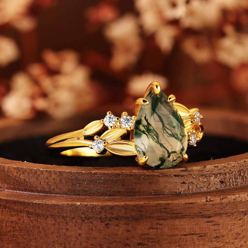 Unique Pear Shaped Moss Agate Nature Inspired Leaf Cluster Engagement Ring