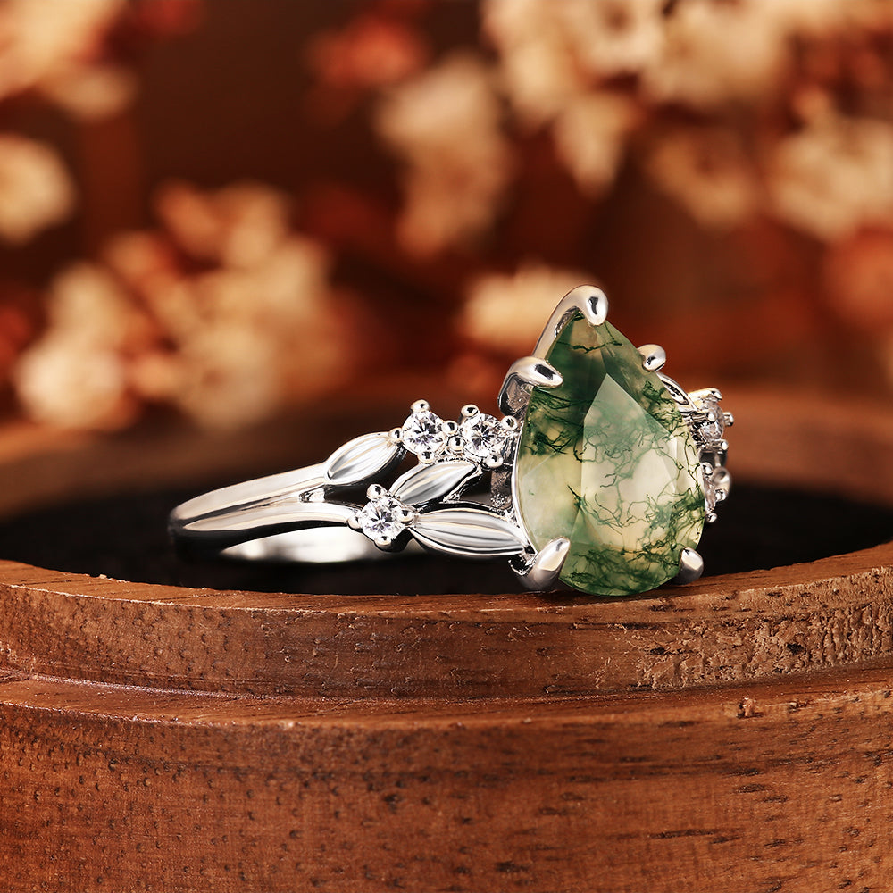Unique Pear Shaped Moss Agate Nature Inspired Leaf Cluster Engagement Ring