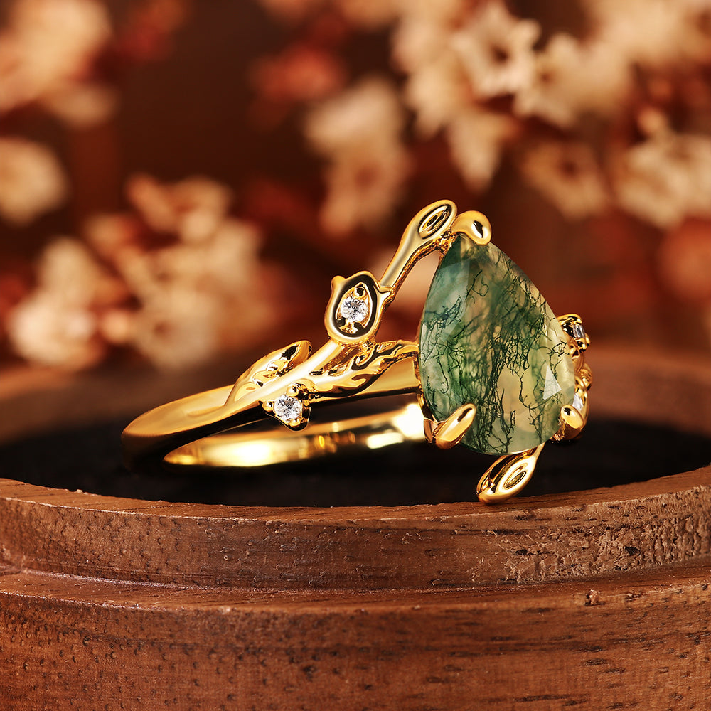 Nature Inspired Pear Cut Moss Agate Unique Forest Style Engagement Ring with Leaf Vine Details