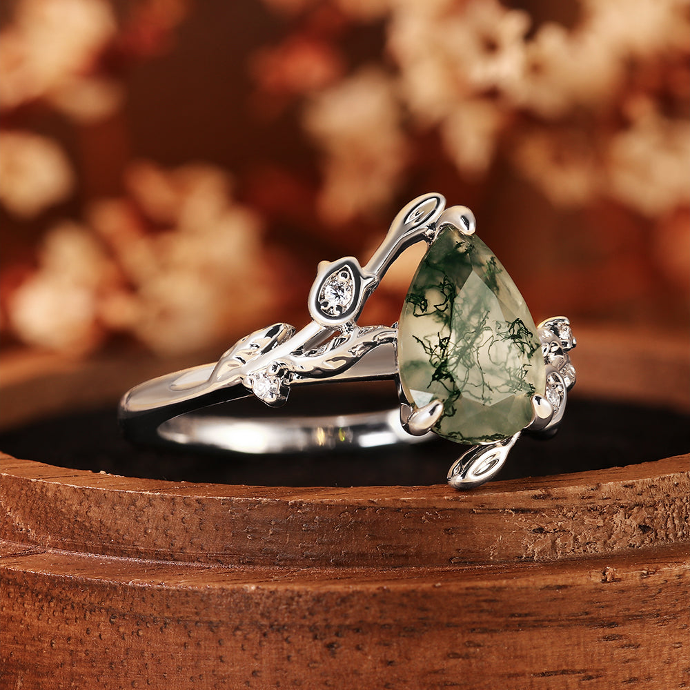 Nature Inspired Pear Cut Moss Agate Unique Forest Style Engagement Ring with Leaf Vine Details