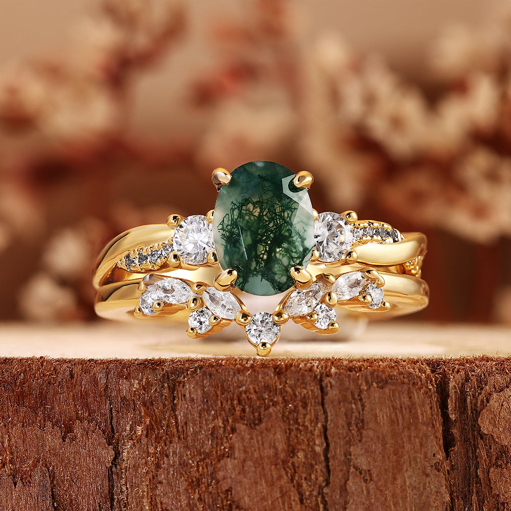 Nature Inspired Oval Moss Agate Bridal Set,Unique Vintage Three Stone Ring with Curved Matching Ring