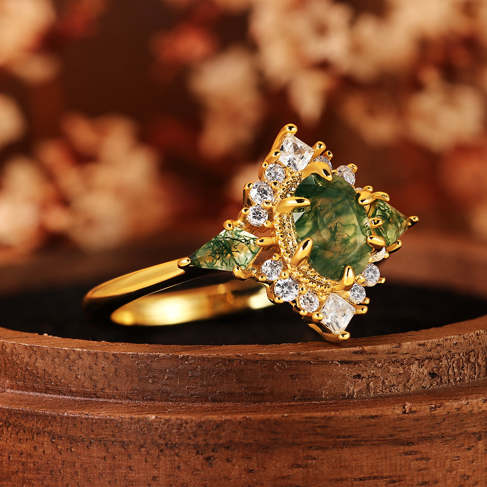 Nature Inspired Vintage Oval Cut Moss Agate Unique Cluster Engagement Ring