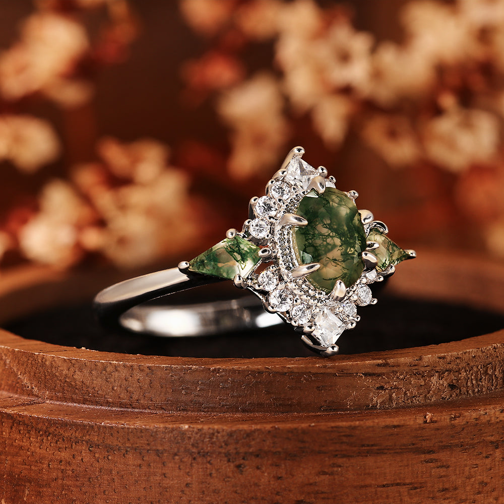 Nature Inspired Vintage Oval Cut Moss Agate Unique Cluster Engagement Ring