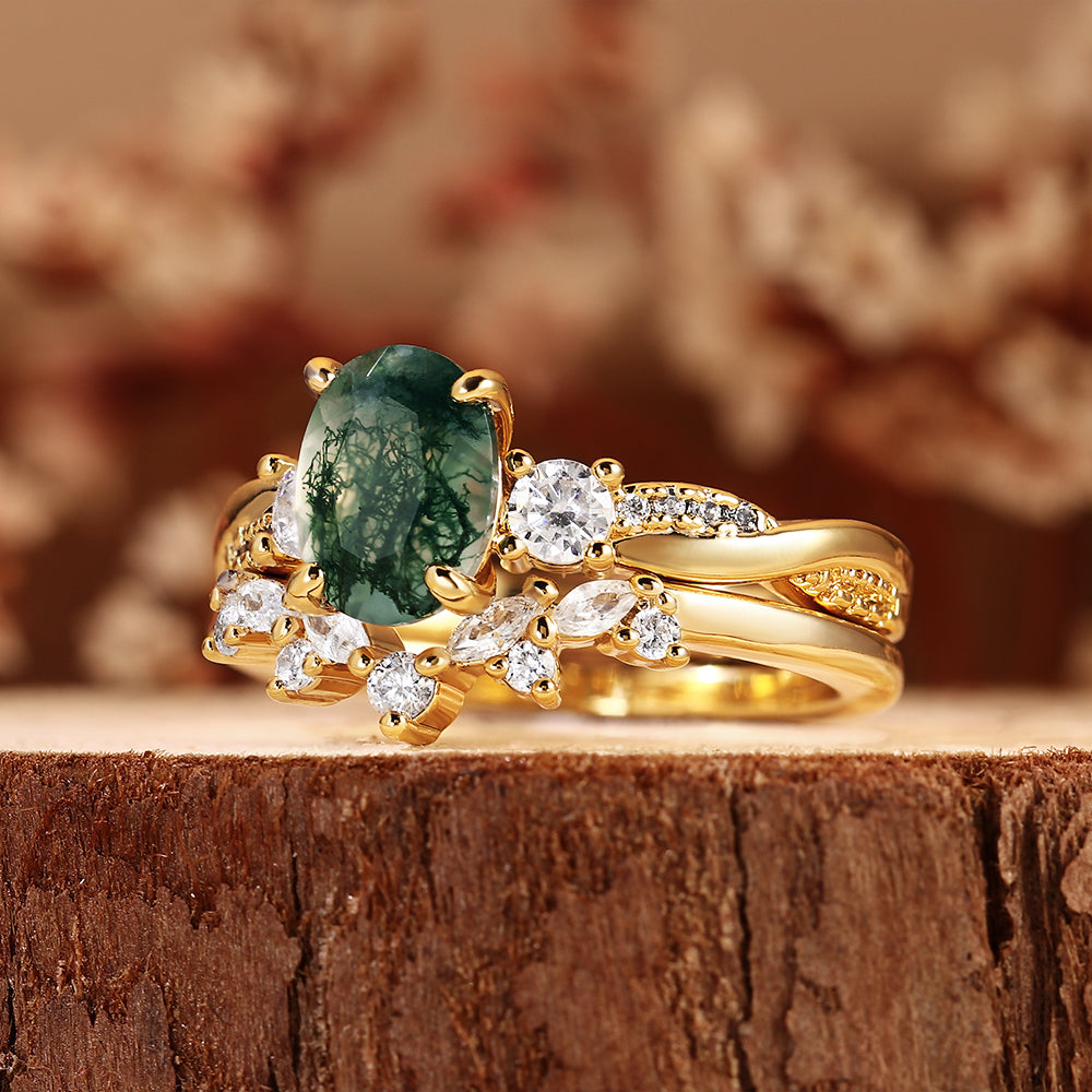 Nature Inspired Oval Moss Agate Bridal Set,Unique Vintage Three Stone Ring with Curved Matching Ring