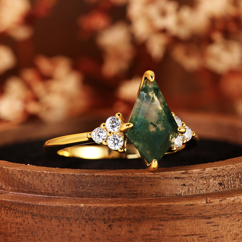 Vintage Kite Cut Moss Agate Cluster Engagement Ring