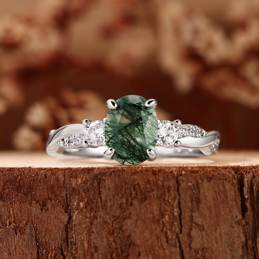 Nature Inspired Oval Cut Moss Agate Three Stone Vintage Twist Engagement Ring