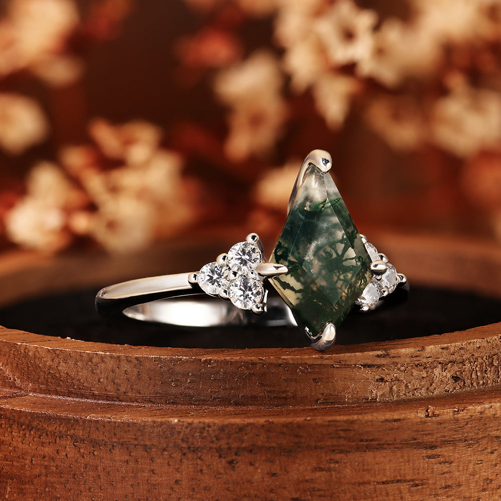 Vintage Kite Cut Moss Agate Cluster Engagement Ring