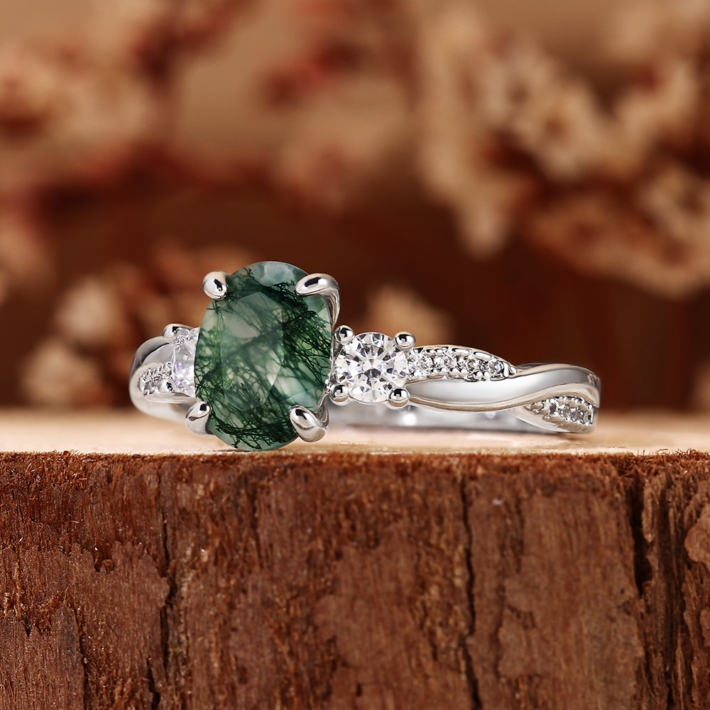Nature Inspired Oval Cut Moss Agate Three Stone Vintage Twist Engagement Ring