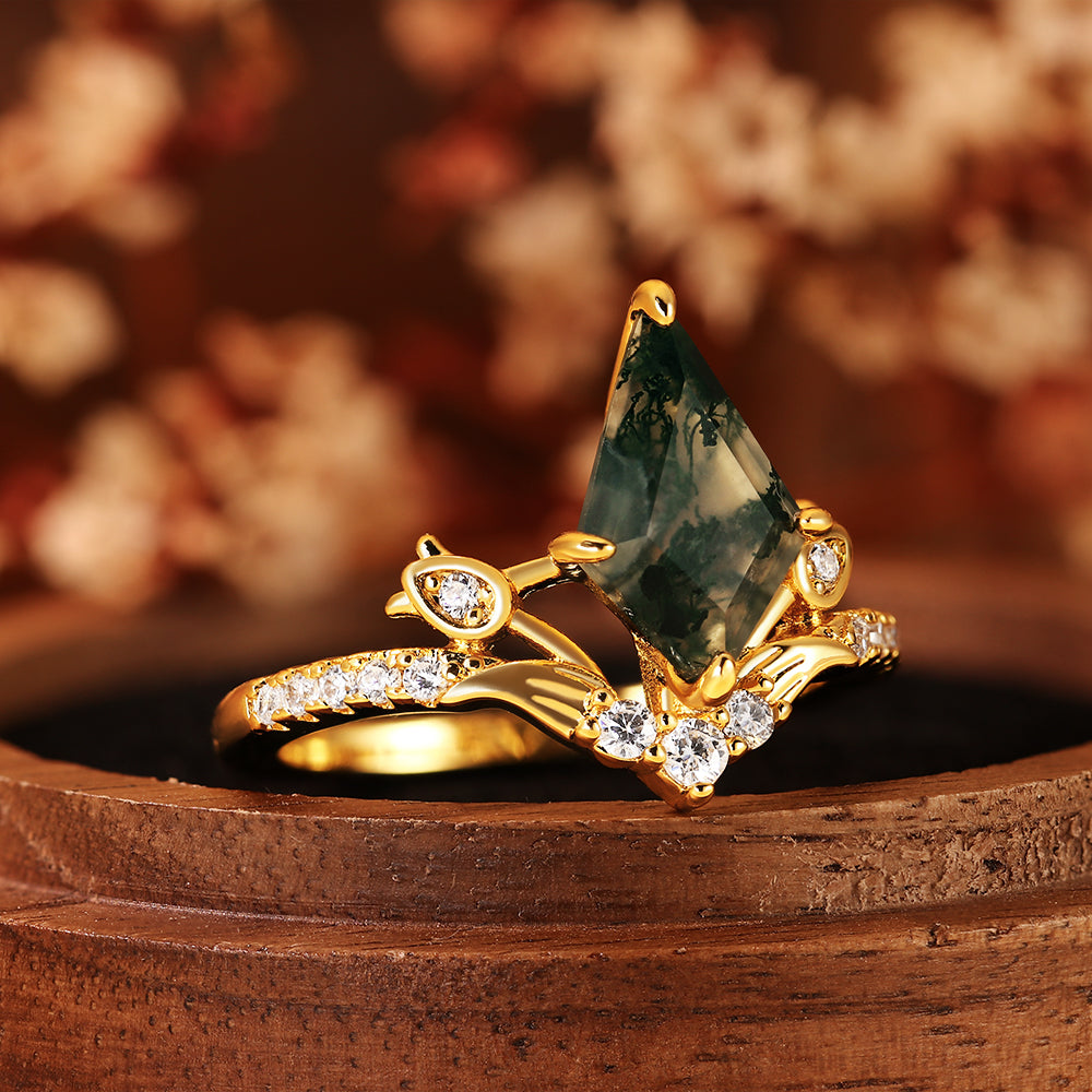 Elven Inspired Unique Kite Cut Moss Agate Engagement Ring